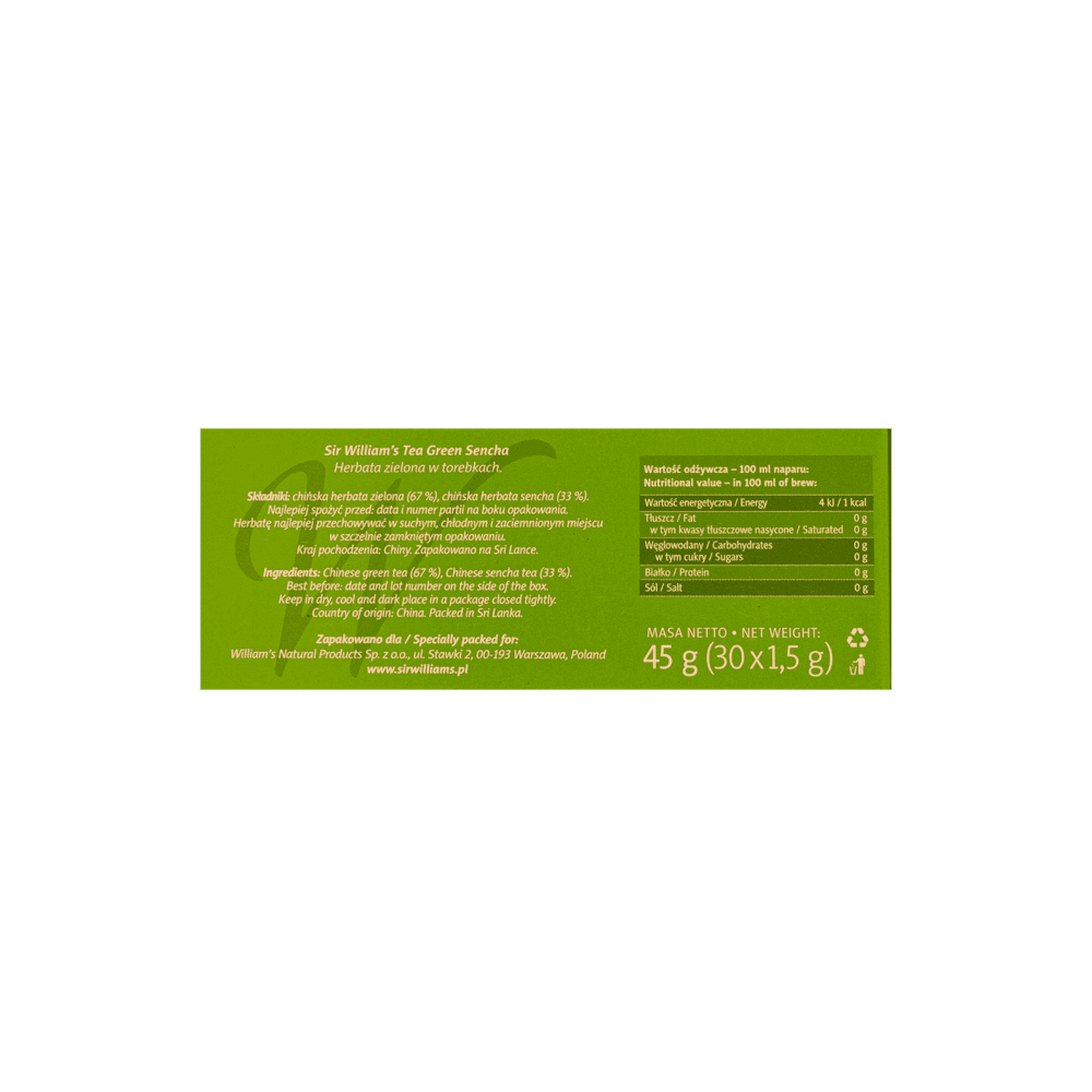 Zielona Herbata Sir William's Tea Green Sencha 30 Torebek