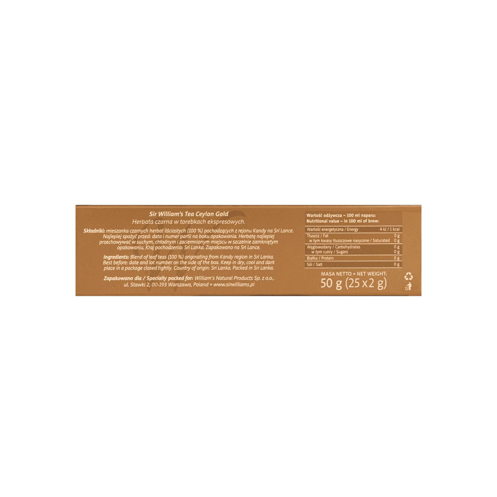 Czarna Herbata Sir William's Tea Ceylon Gold 25 Saszetek