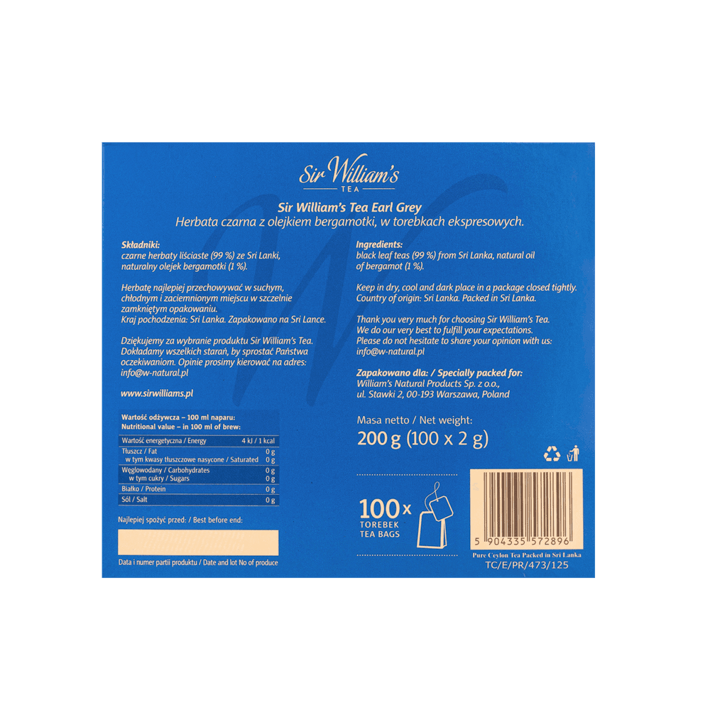 Herbata Czarna Sir William's Tea Earl Grey 100 Saszetek