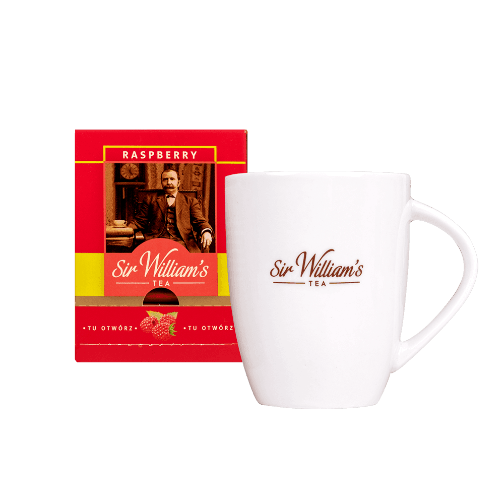 ZESTAW SIR WILLIAM’S TEA 15 HERBAT OWOCOWYCH RASPBERRY Z KUBKIEM PORCELANOWYM