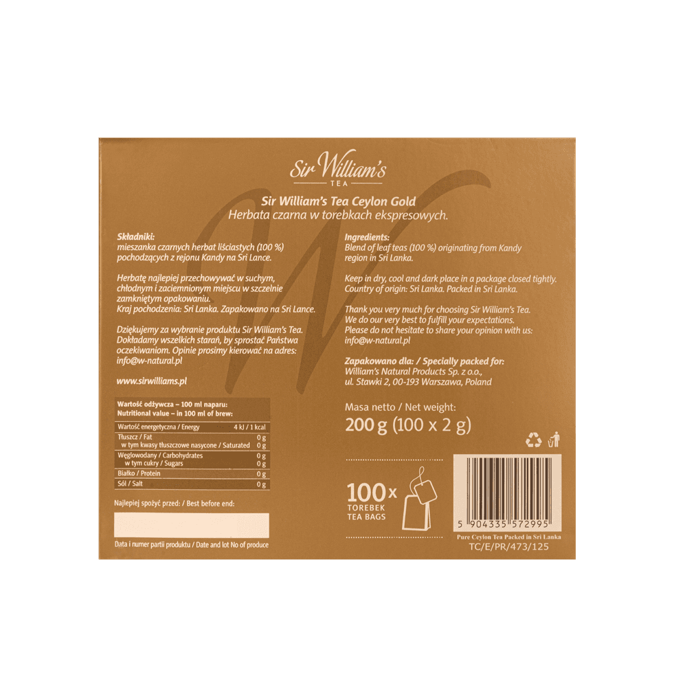 Herbata Czarna Sir William's Tea Ceylon Gold 100 saszetek