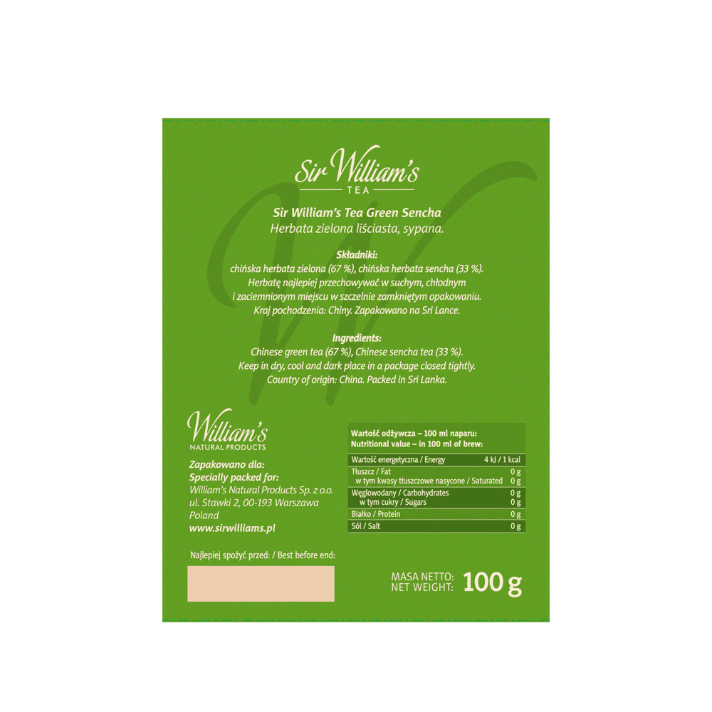 Liściasta Herbata Sir William's Tea Green Sencha 100g